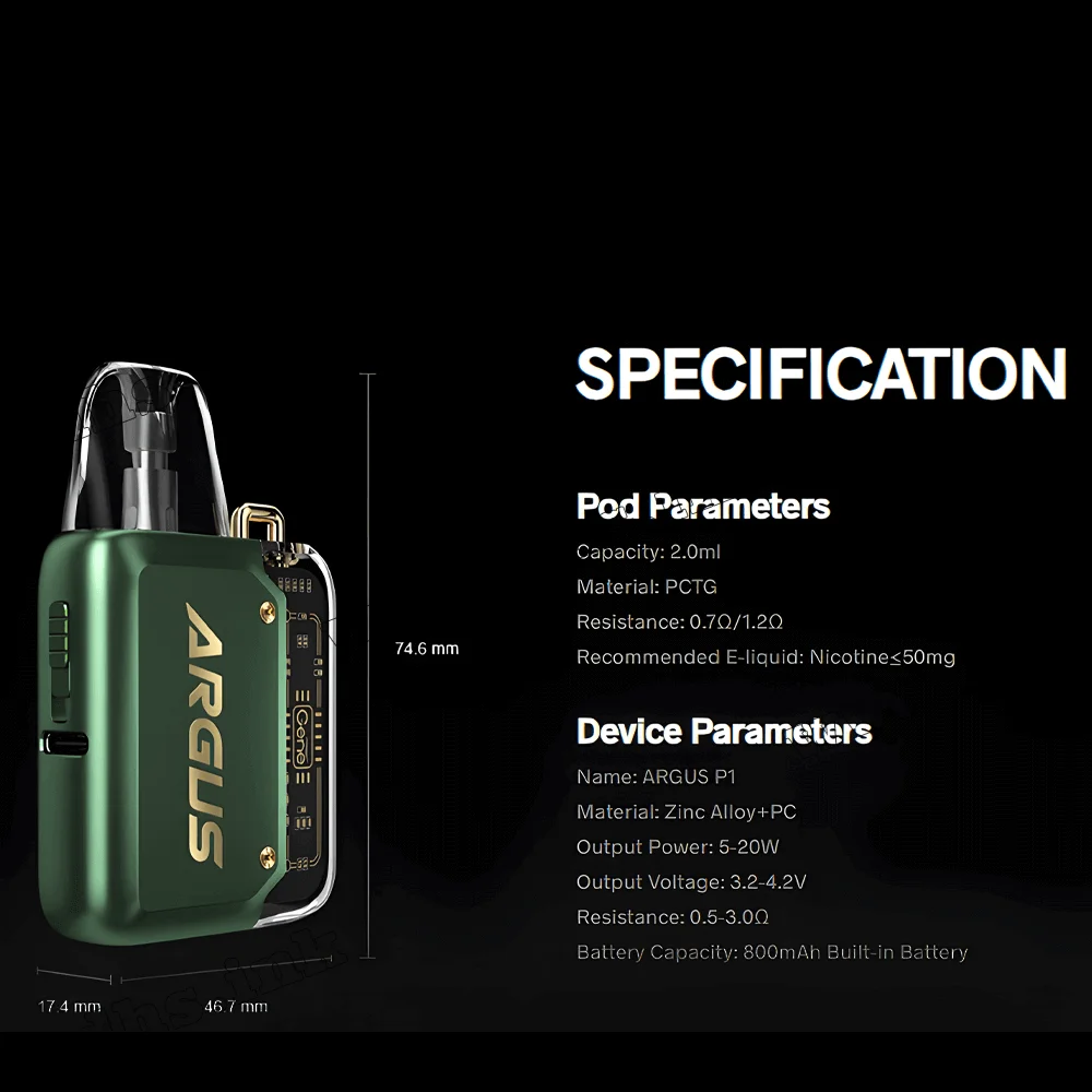 Многоразовая электронная сигарета - Voopoo Argus P1 Pod Kit 800 мАч (Gun Metal)